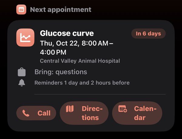 Next vet appointment card with call, directions and calendar buttons