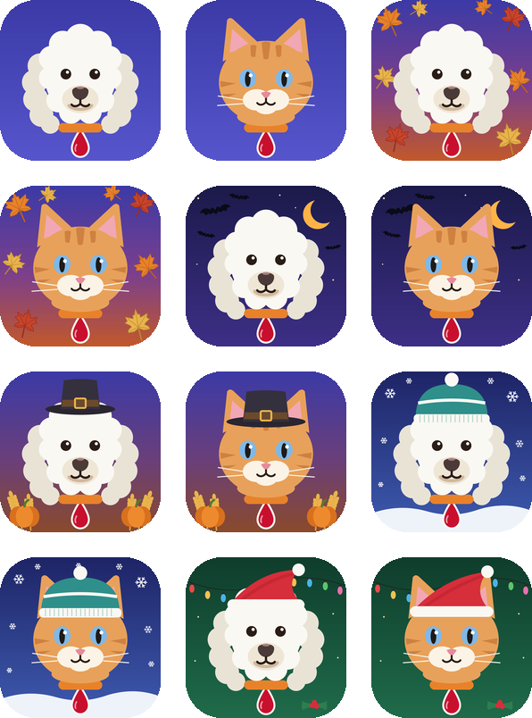 Twelve app icons: Obi the dog and an orange kitty in regular and seasonal styles