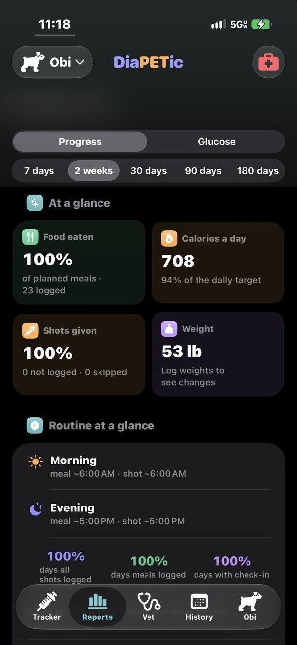 Reports screen showing food eaten, calories, shots given and weight